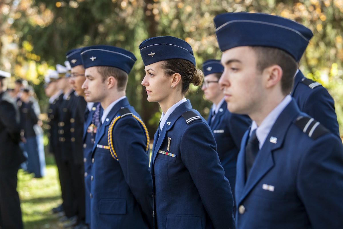 Cadets stand at attention in the Ohio State oval.