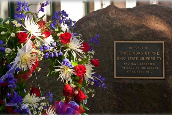 Flowers in front of a monument