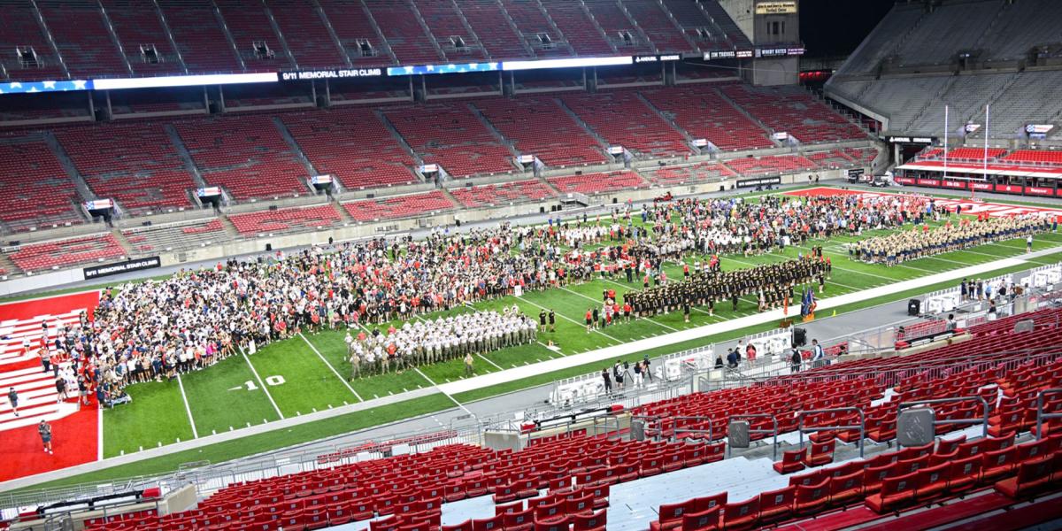 Crowd assembled on field level of Ohio Stadium