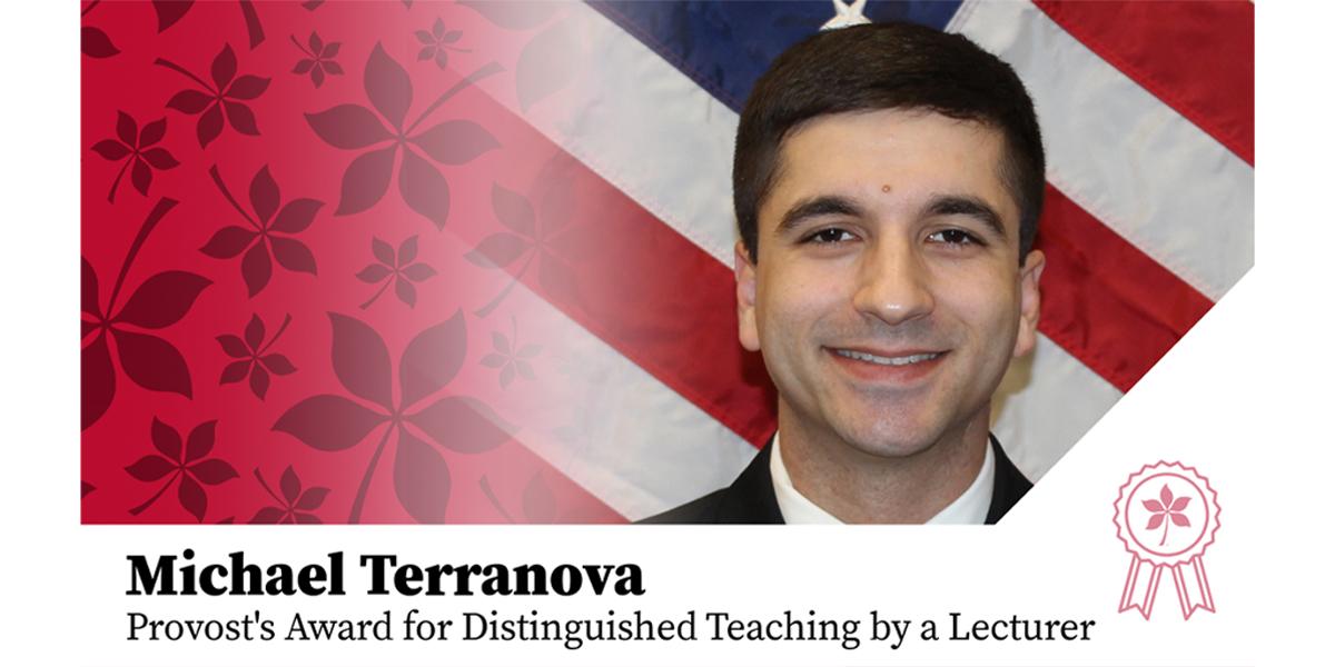 Decorative graphic that includes a headshot of military-uniformed individual