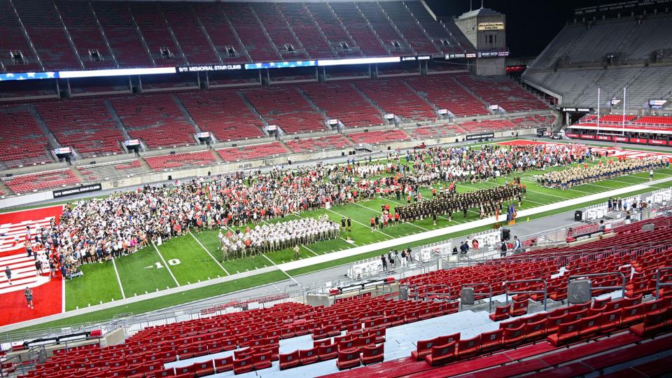 Crowd assembled on field level of Ohio Stadium